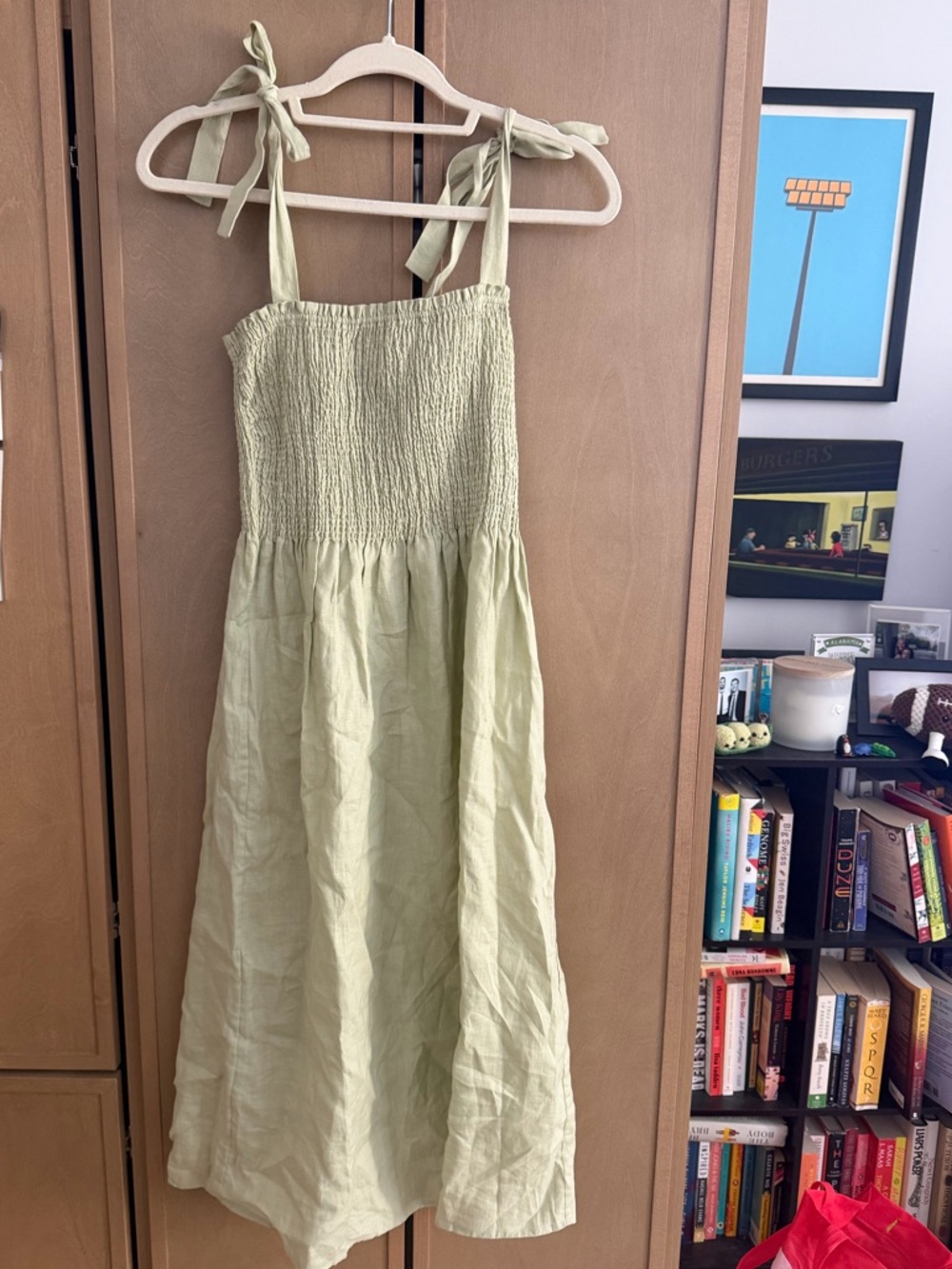 Wilfred Pale Sage Smocked Linen Dress with Tie Straps